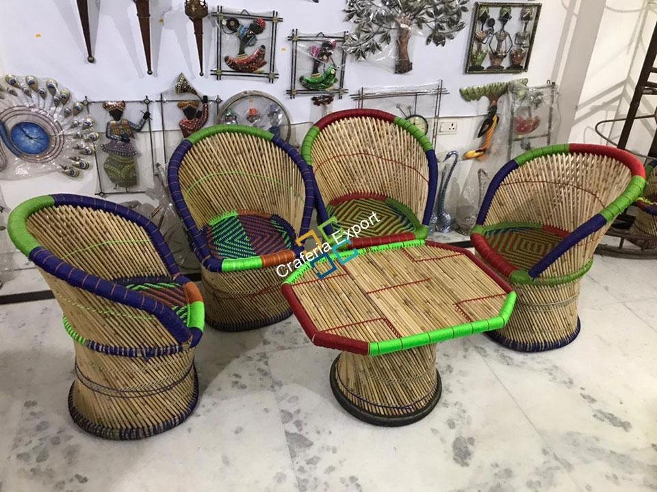 Handicraft Cane Bamboo Chairs with Table For Outdoor/Indoor Use (set of 5)