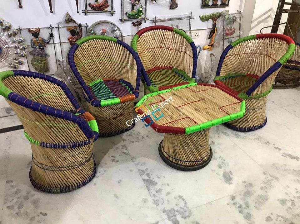 Handicraft Cane Bamboo Chairs with Table For Outdoor/Indoor Use (set of 5)