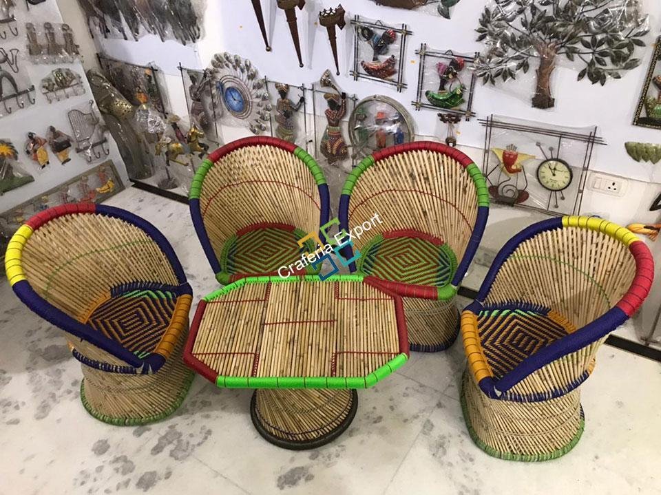 Handicraft Cane Bamboo Chairs with Table For Outdoor/Indoor Use (set of 5)