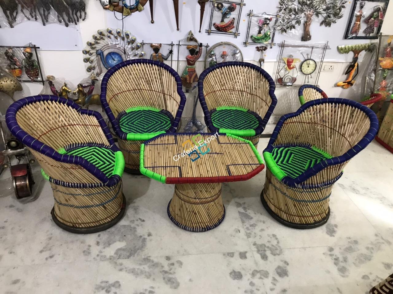 Handicraft Cane Bamboo Chairs with Table For Outdoor/Indoor Use (set of 5)