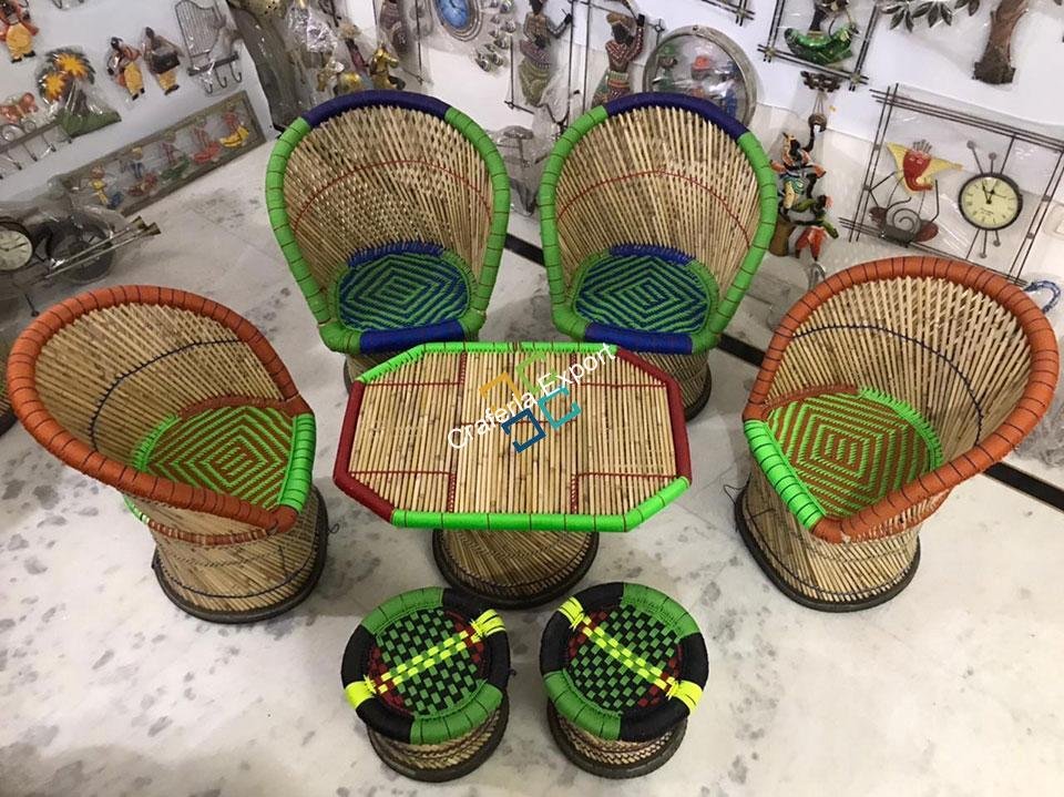 Bamboo Mudha /Mudda Large Chairs Stools with Table (Set of 7)