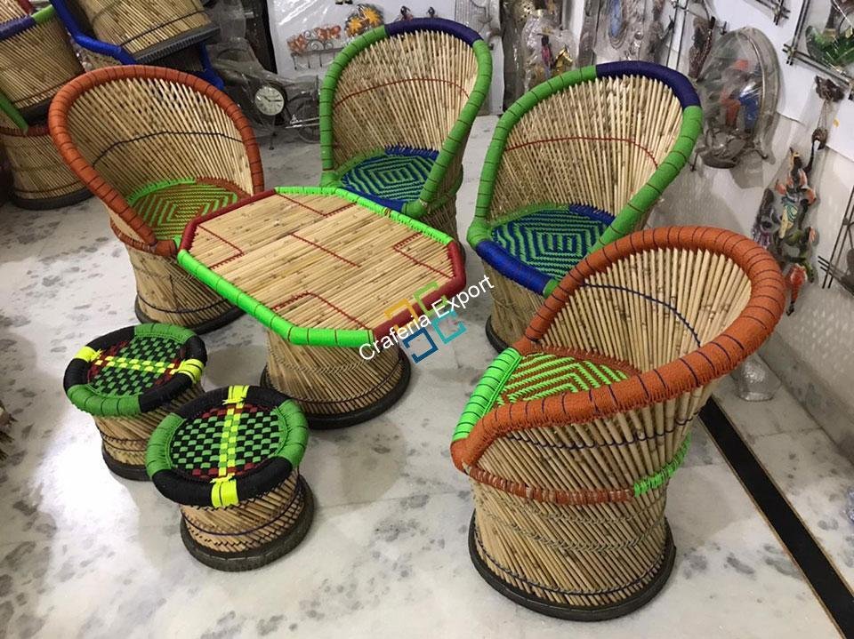 Bamboo Mudha /Mudda Large Chairs Stools with Table (Set of 7)