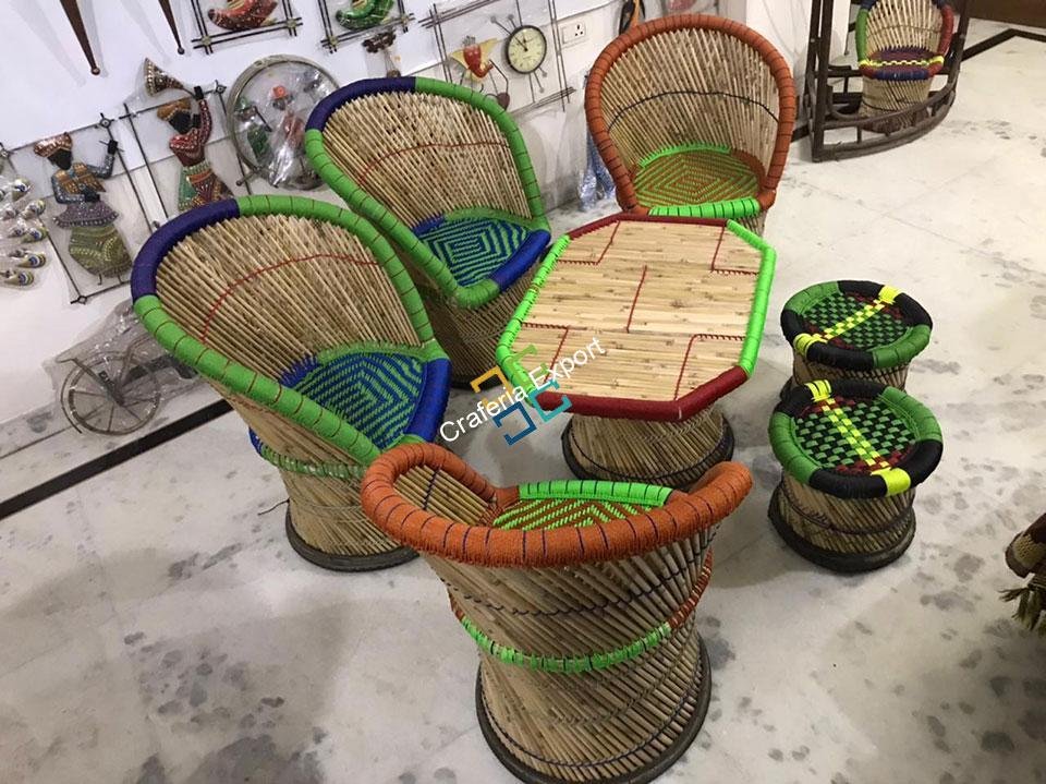 Bamboo Mudha /Mudda Large Chairs Stools with Table (Set of 7)