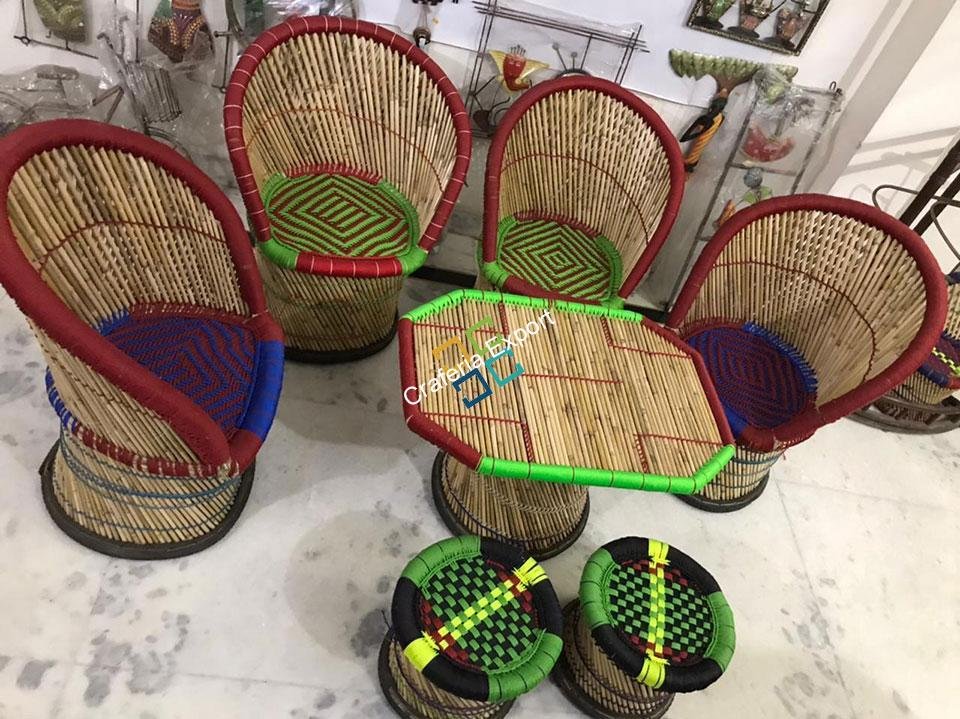 Bamboo Mudha /Mudda Large Chairs Stools with Table (Set of 7)