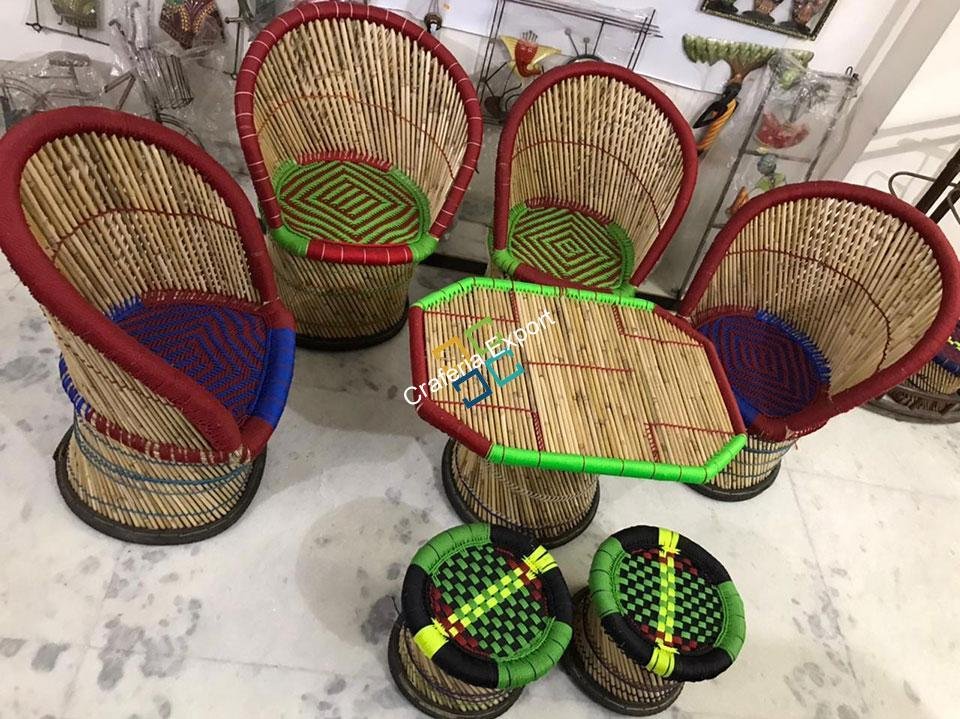 Bamboo Mudha /Mudda Large Chairs Stools with Table (Set of 7)