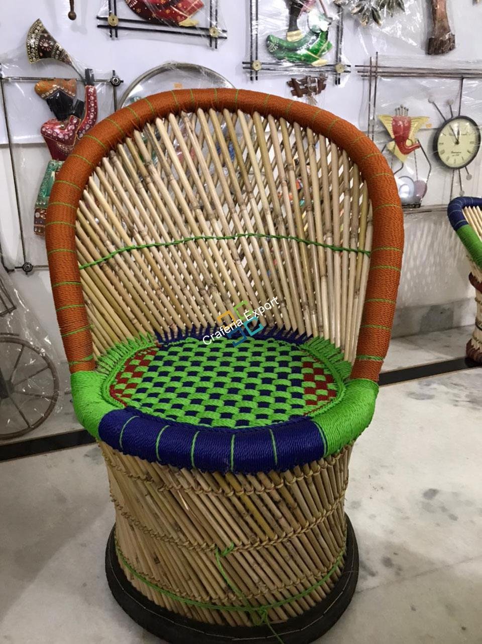 Natural Bamboo Medium Mudha Chairs with Large Table For Indoor/Outdoor (Set of 5)