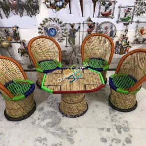 Natural Bamboo Medium Mudha Chairs with Large Table For Indoor/Outdoor (Set of 5)