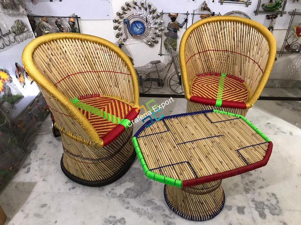 Cane Bamboo Mudha Chairs With Table Handmade For Indoor/Outdoor (xl-size)