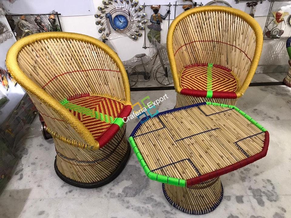 Cane Bamboo Mudha Chairs With Table Handmade For Indoor/Outdoor (xl-size)