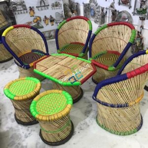 Handcrafted Bamboo large Mudha Chairs, Mudda Stools With Table  For Indoor/Outdoor (Set of 7)