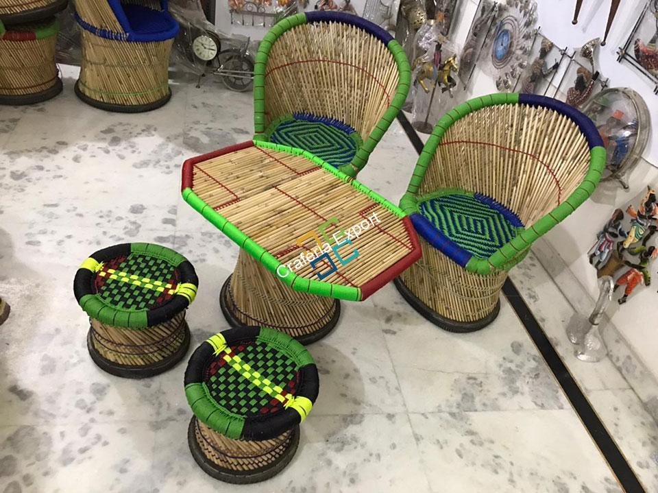 Handicraft Bamboo Mudha Large Chairs, Mudda With Table  (Set of 5)