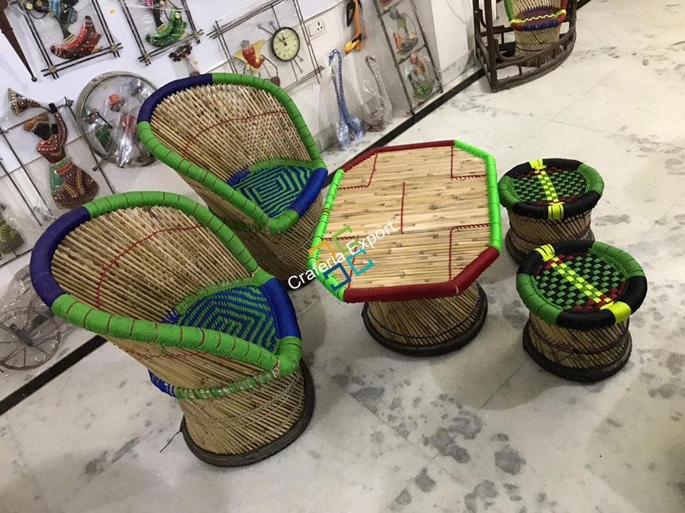 Handicraft Bamboo Mudha Large Chairs, Mudda With Table  (Set of 5)