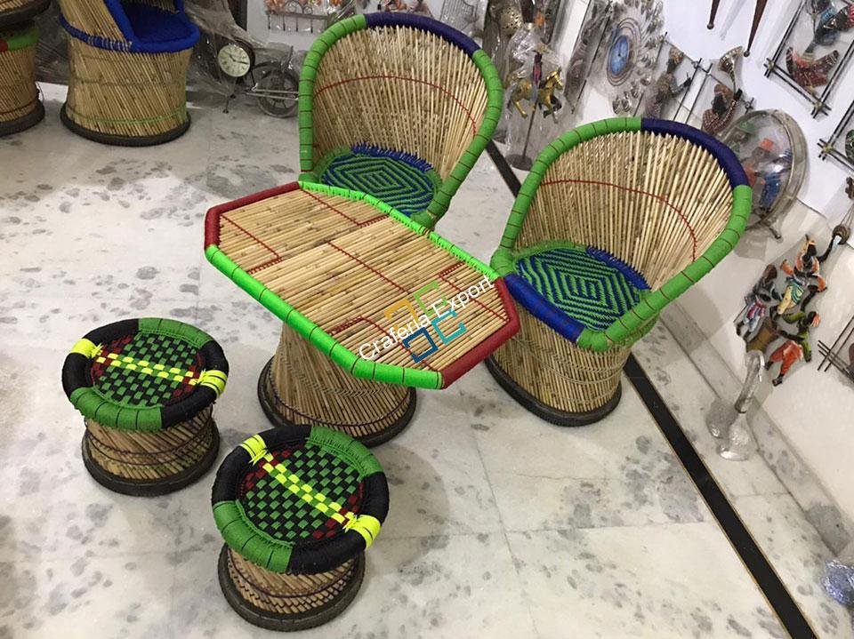 Handicraft Bamboo Mudha Large Chairs, Mudda With Table  (Set of 5)