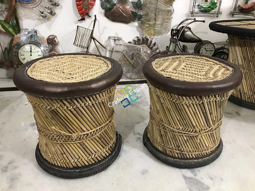 Natural Handmade Bamboo Mudha Stool Pair For Indoor/Outdoor(Set Of 2) (Xl Size)
