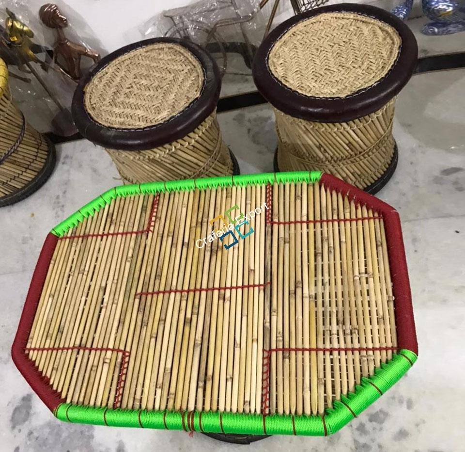 Natural Extra Large bamboo mudha Stool with handmade bamboo table(Set Of 3)