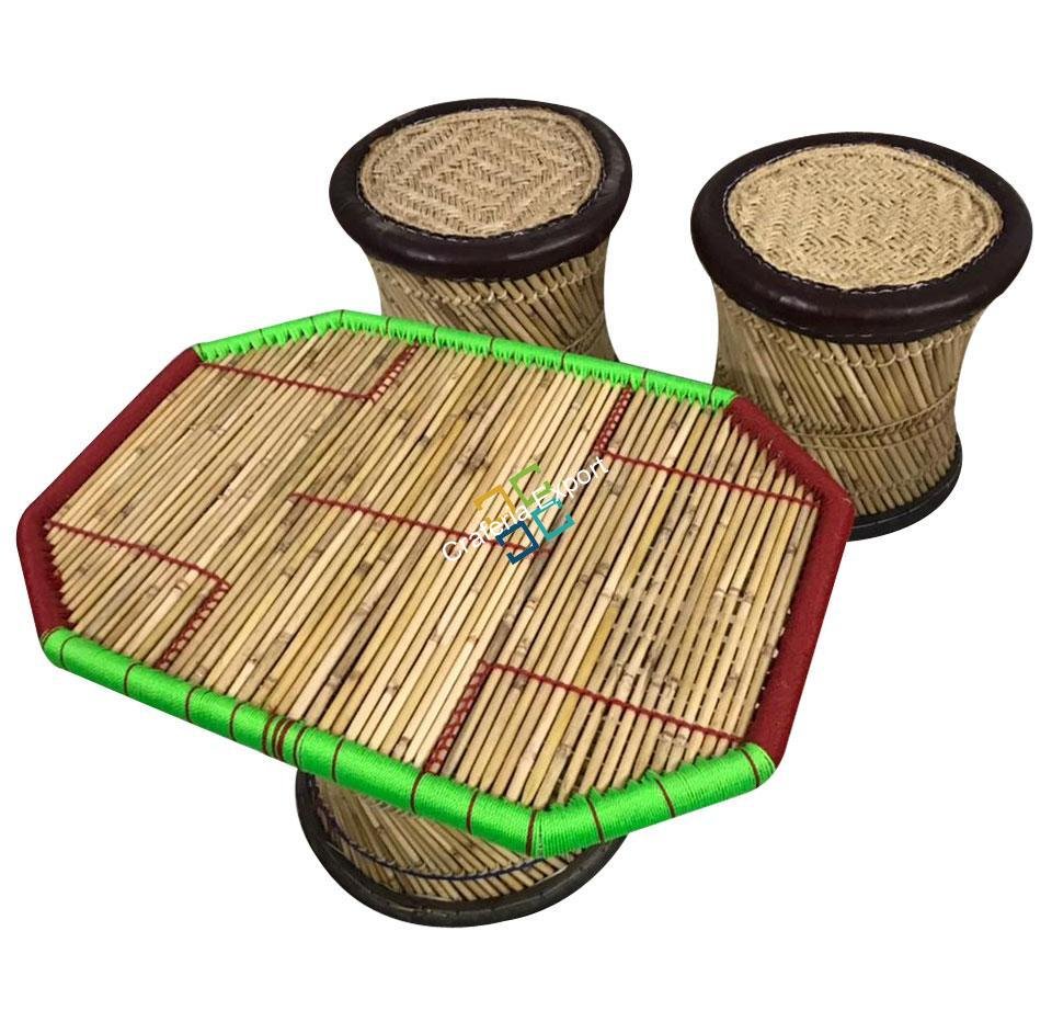 Natural Extra Large bamboo mudha Stool with handmade bamboo table(Set Of 3)
