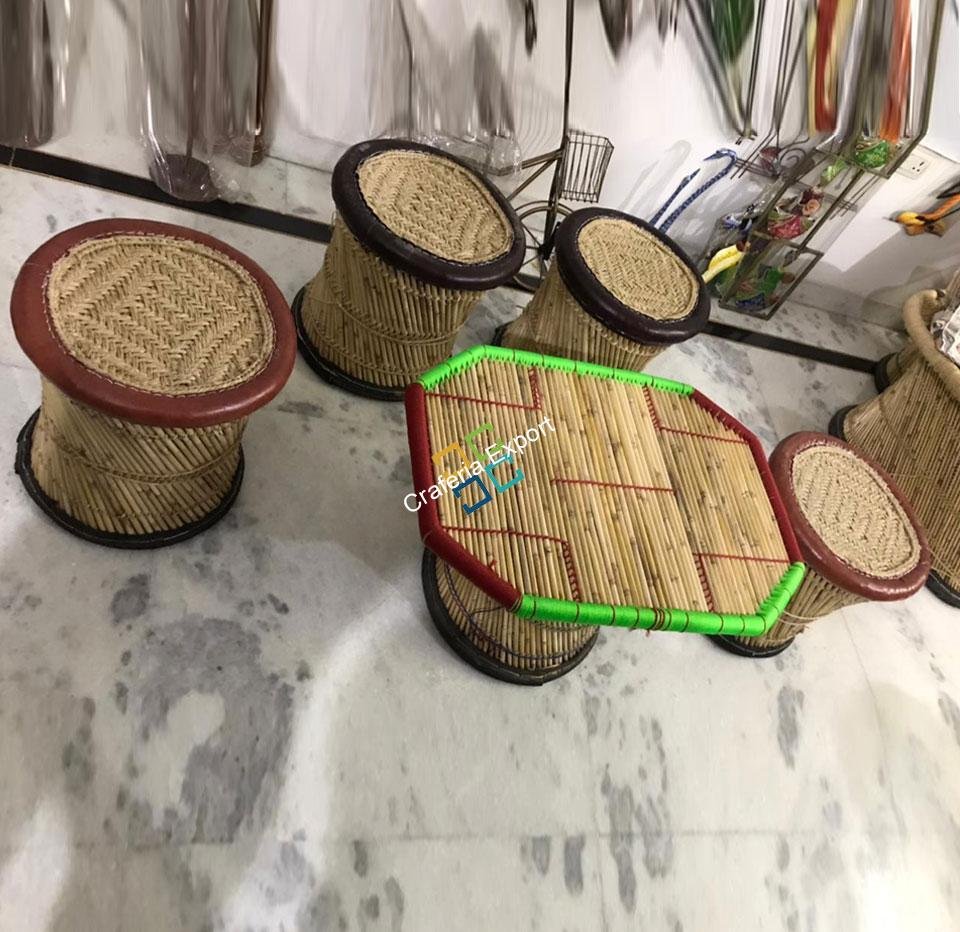 Handcrafted Extra Large Mudha Stools With Table For Sitting Indoor/Outdoors Set Of 5