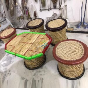 Handcrafted Extra Large Mudha Stools With Table For Sitting Indoor/Outdoors Set Of 5