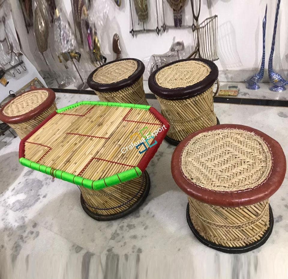 Handcrafted Extra Large Mudha Stools With Table For Sitting Indoor/Outdoors Set Of 5