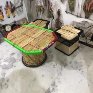Natural Medium Size Rope Mudha Stool With Handmade Bamboo Table(Set Of 3)