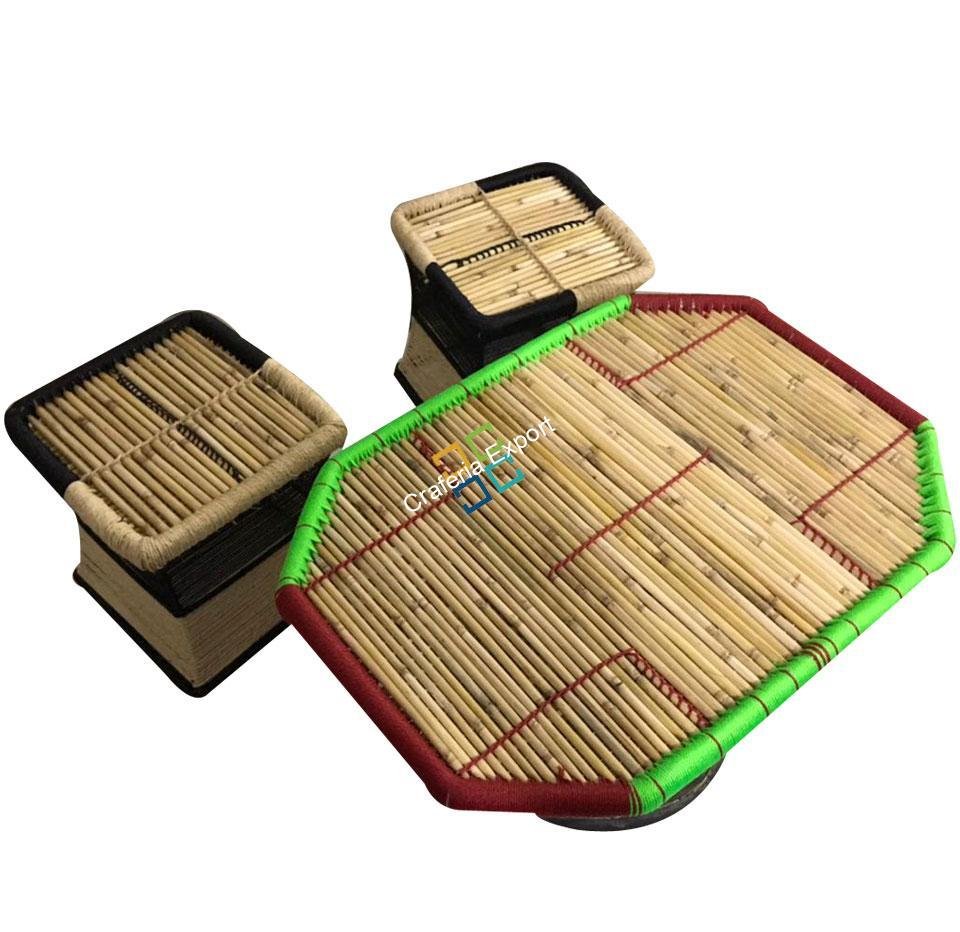 Natural Medium Size Rope Mudha Stool With Handmade Bamboo Table(Set Of 3)