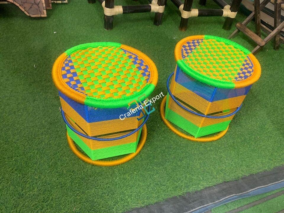 Round Stool Iron Frame Rope Wicker handwoven with traditional style