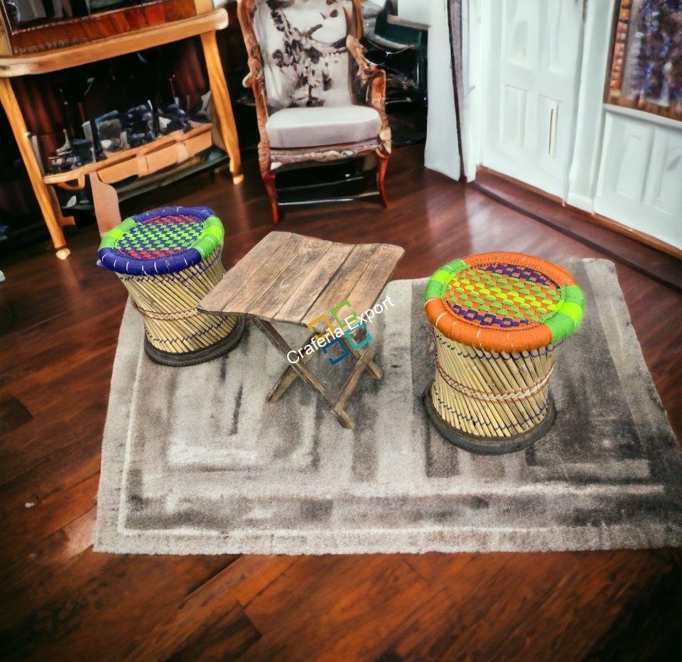 Bamboo Mudda Cane Stools for Indoor and Outdoor Furniture with folding wooden table