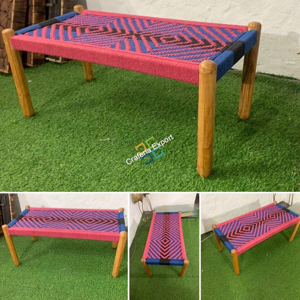 Wooden Seating Bench Handwoven | Small Charpai Bench khatola for Indoor/Garden/Terrace