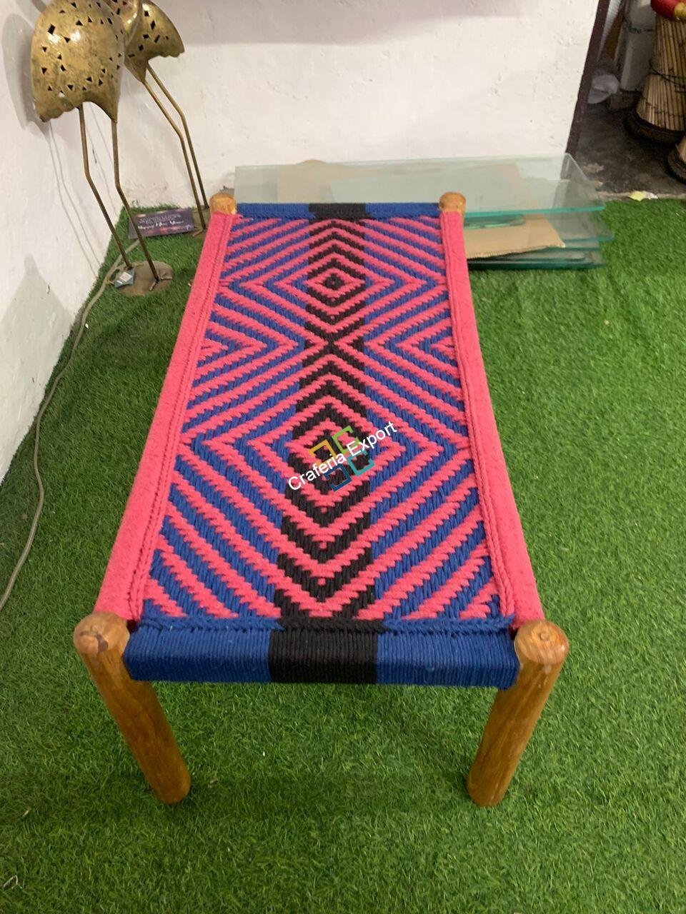 Wooden Seating Bench Handwoven | Small Charpai Bench khatola for Indoor/Garden/Terrace