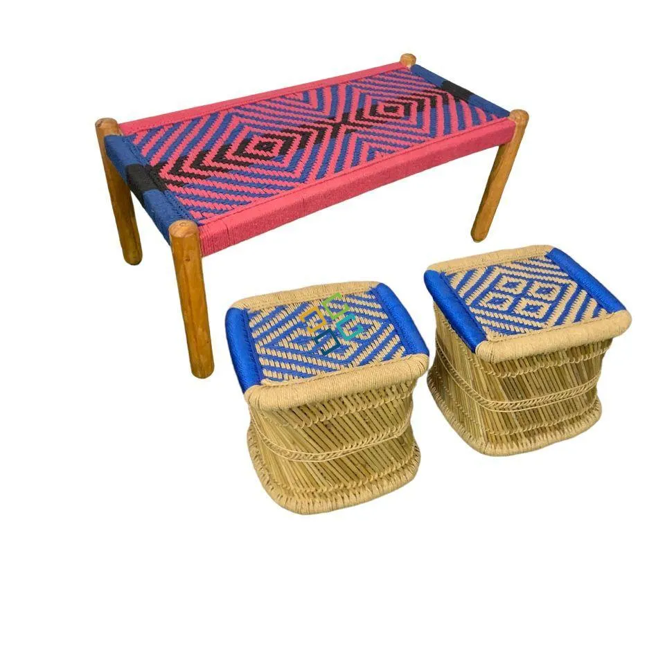 Small Charpai Bench with Bamboo Square Mudda Stools | Wooden Bench with Pidha Stools