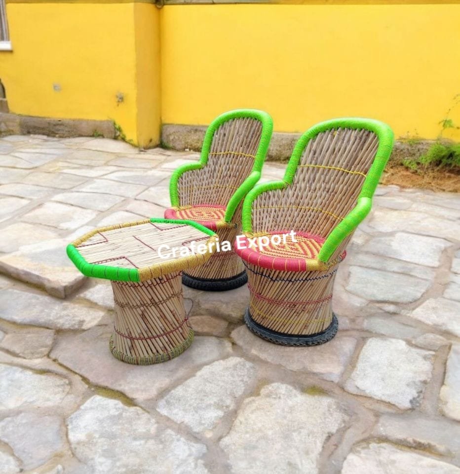 Bamboo Outdoor Sitting Chair Stools Furniture Set/ Bamboo mudha chairs with table for Garden / Terrace / Lawn / Living Room (Large Size -chairs /Medium -table )