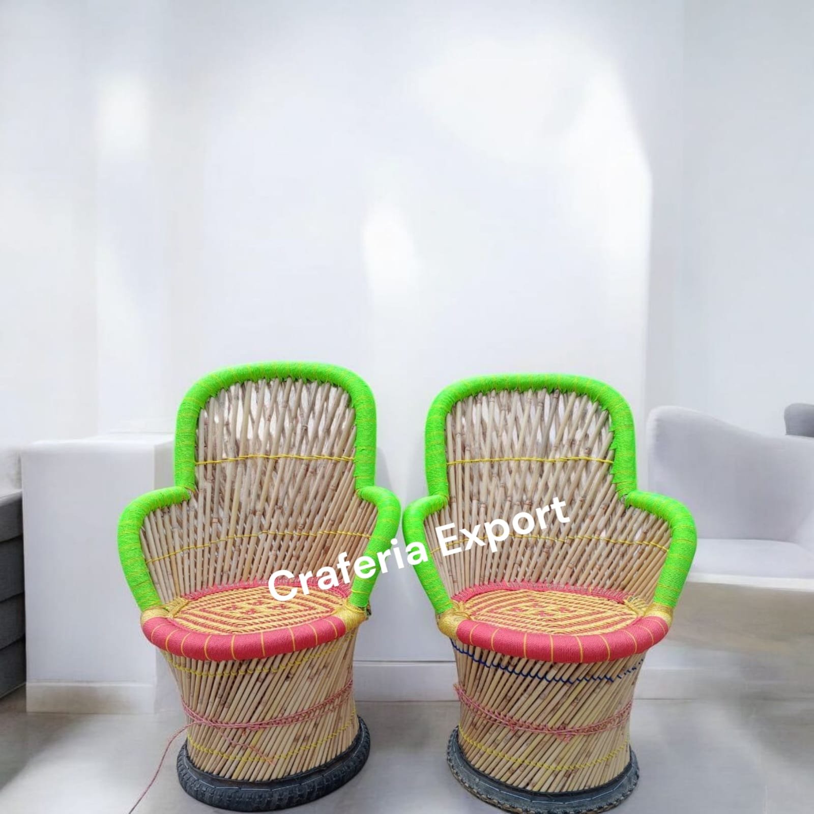 Bamboo Outdoor Sitting Chair Stools Furniture Set/ Bamboo mudha chairs with table for Garden / Terrace / Lawn / Living Room (Large Size -chairs /Medium -table )