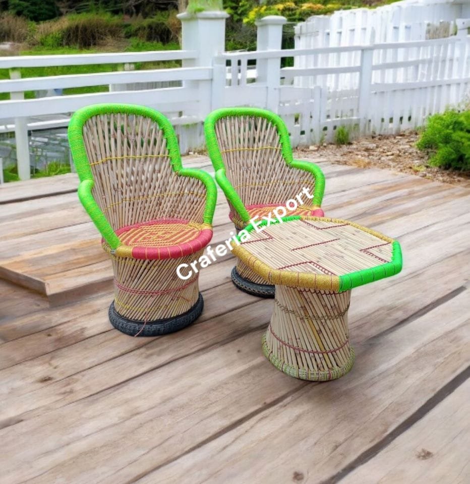 Bamboo Outdoor Sitting Chair Stools Furniture Set/ Bamboo mudha chairs with table for Garden / Terrace / Lawn / Living Room (Large Size -chairs /Medium -table )