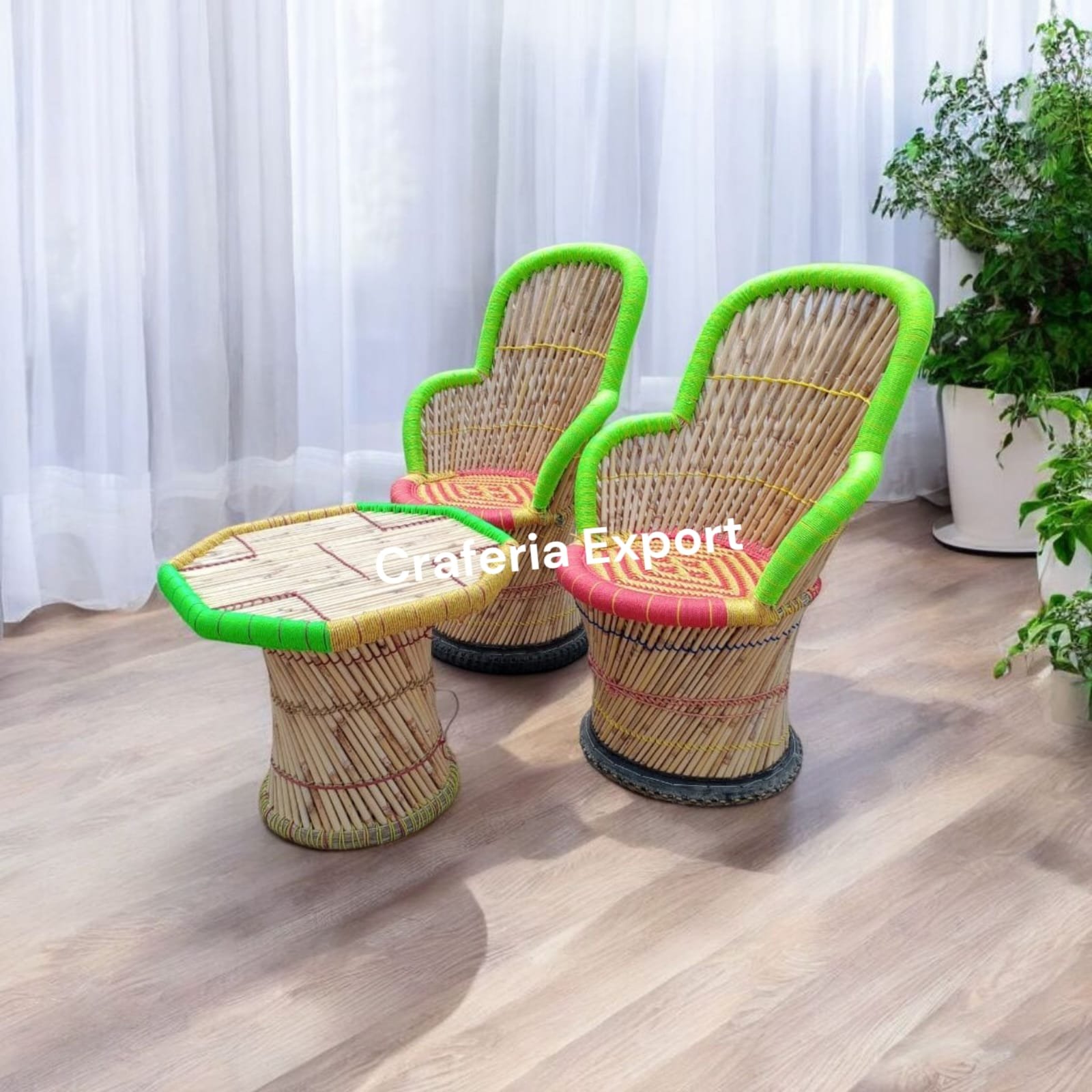 Bamboo Outdoor Sitting Chair Stools Furniture Set/ Bamboo mudha chairs with table for Garden / Terrace / Lawn / Living Room (Large Size -chairs /Medium -table )