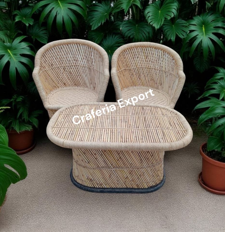 Natural Munj Bamboo Mudda Chairs with Table / Cane Armrest Chair table set for Lawn/ Balcony /terrace / Garden / Cafe/  Hotels (XL-size)