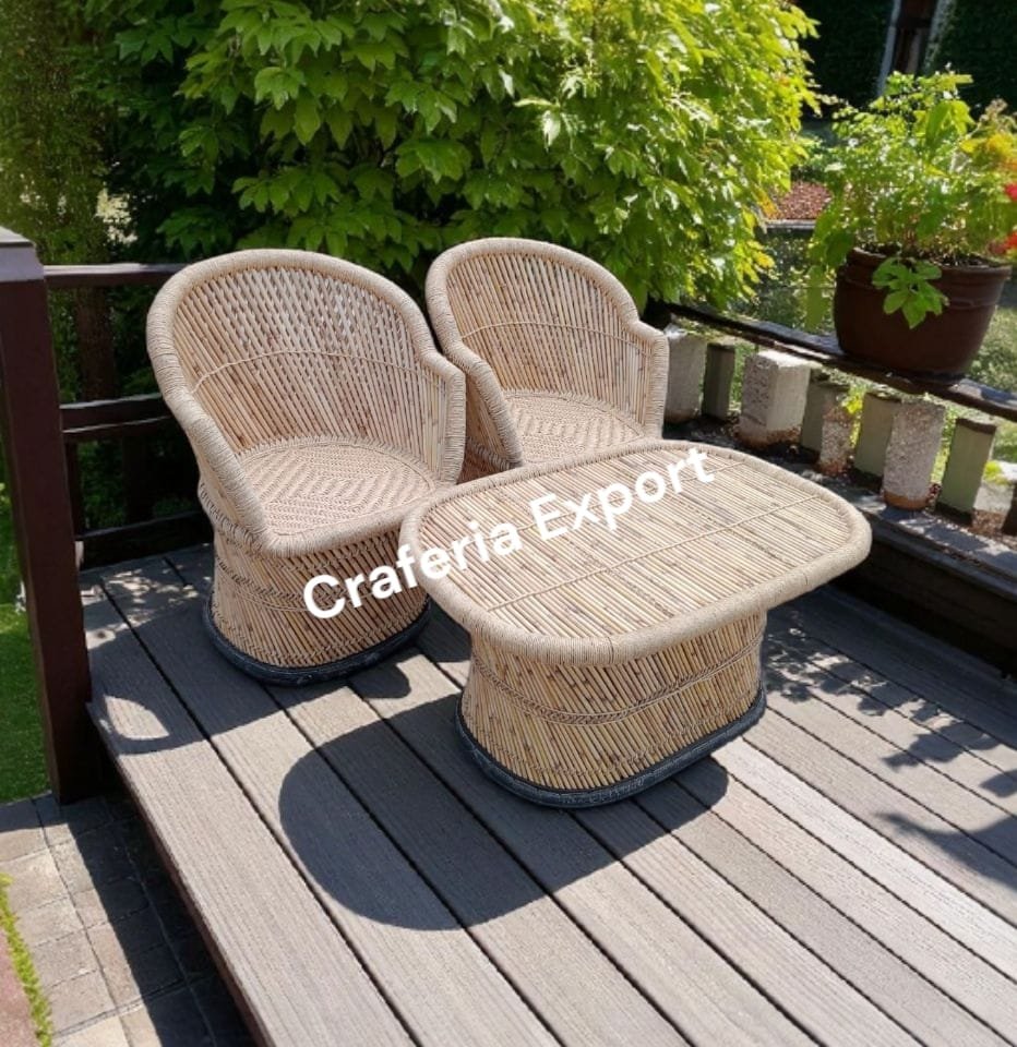 Natural Munj Bamboo Mudda Chairs with Table / Cane Armrest Chair table set for Lawn/ Balcony /terrace / Garden / Cafe/  Hotels (XL-size)