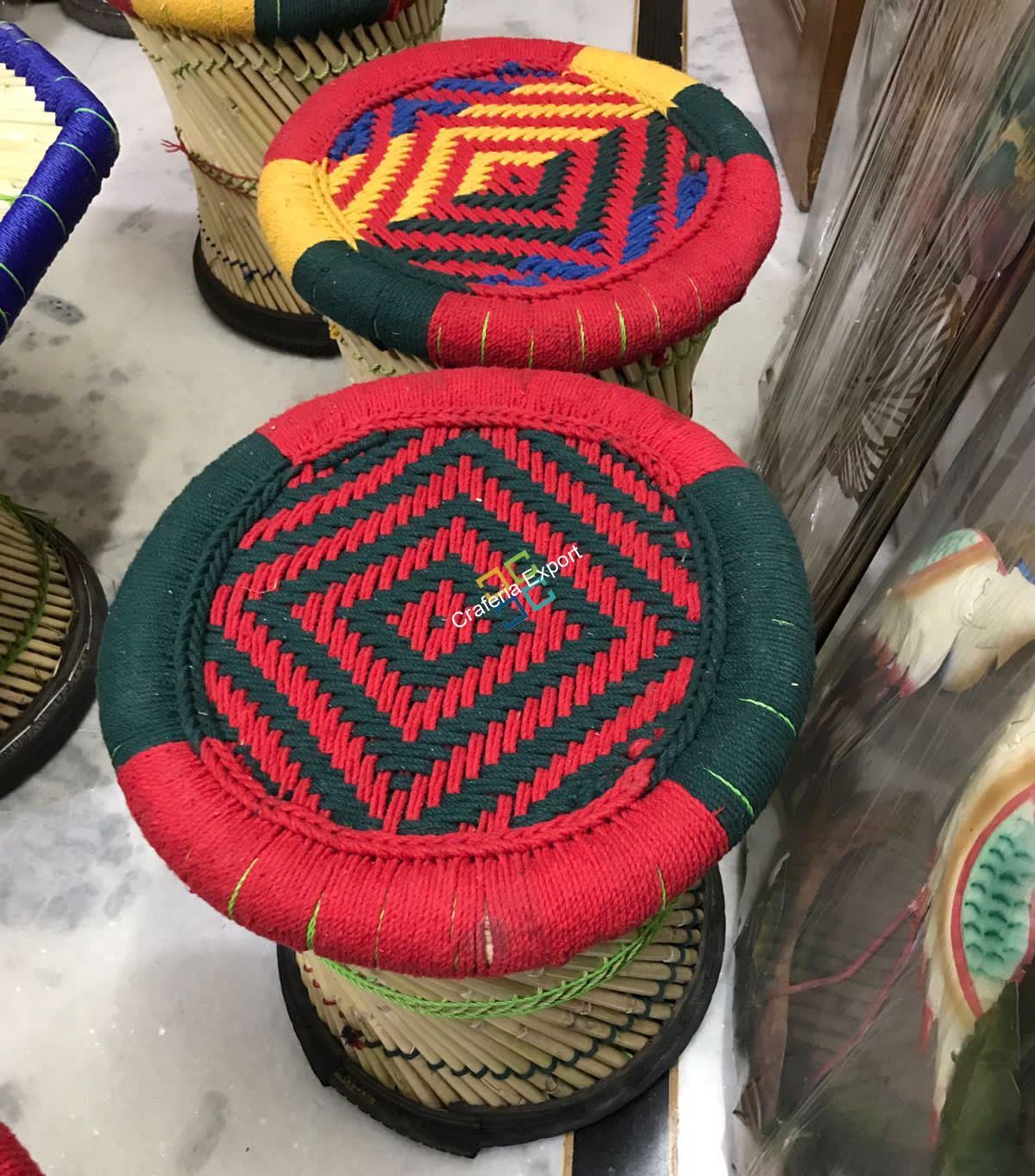 Bamboo Crafted Mudha Set of 4 Large Mudha Stools and 1 Table