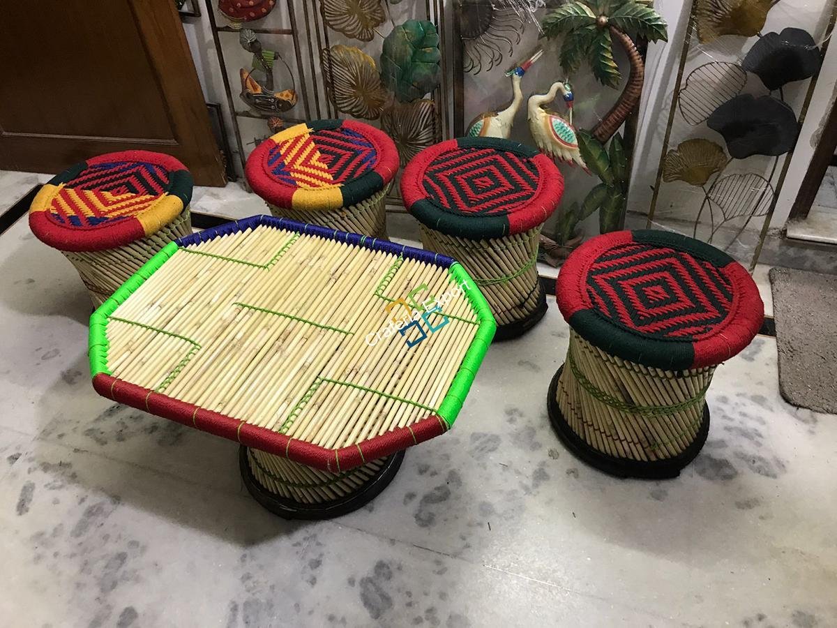 Bamboo Crafted Mudha Set of 4 Large Mudha Stools and 1 Table
