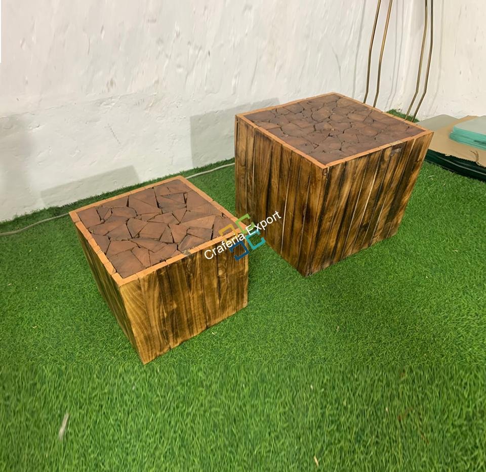 Square Wooden Handcrafted Stool Table Natural Wood Logs Smooth Finish Bedside Corner Coffee Tea-Table set of 2