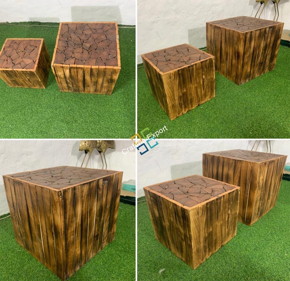 Square Wooden Handcrafted Stool Table Natural Wood Logs Smooth Finish Bedside Corner Coffee Tea-Table set of 2