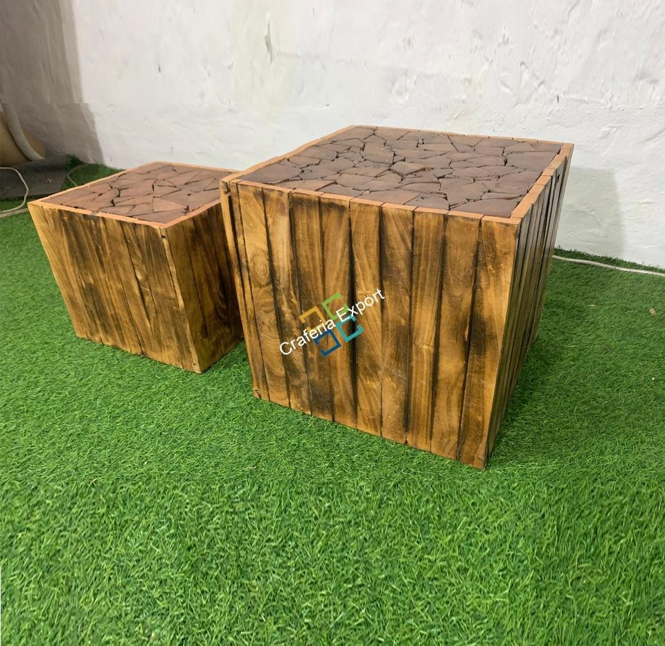 Square Wooden Handcrafted Stool Table Natural Wood Logs Smooth Finish Bedside Corner Coffee Tea-Table set of 2