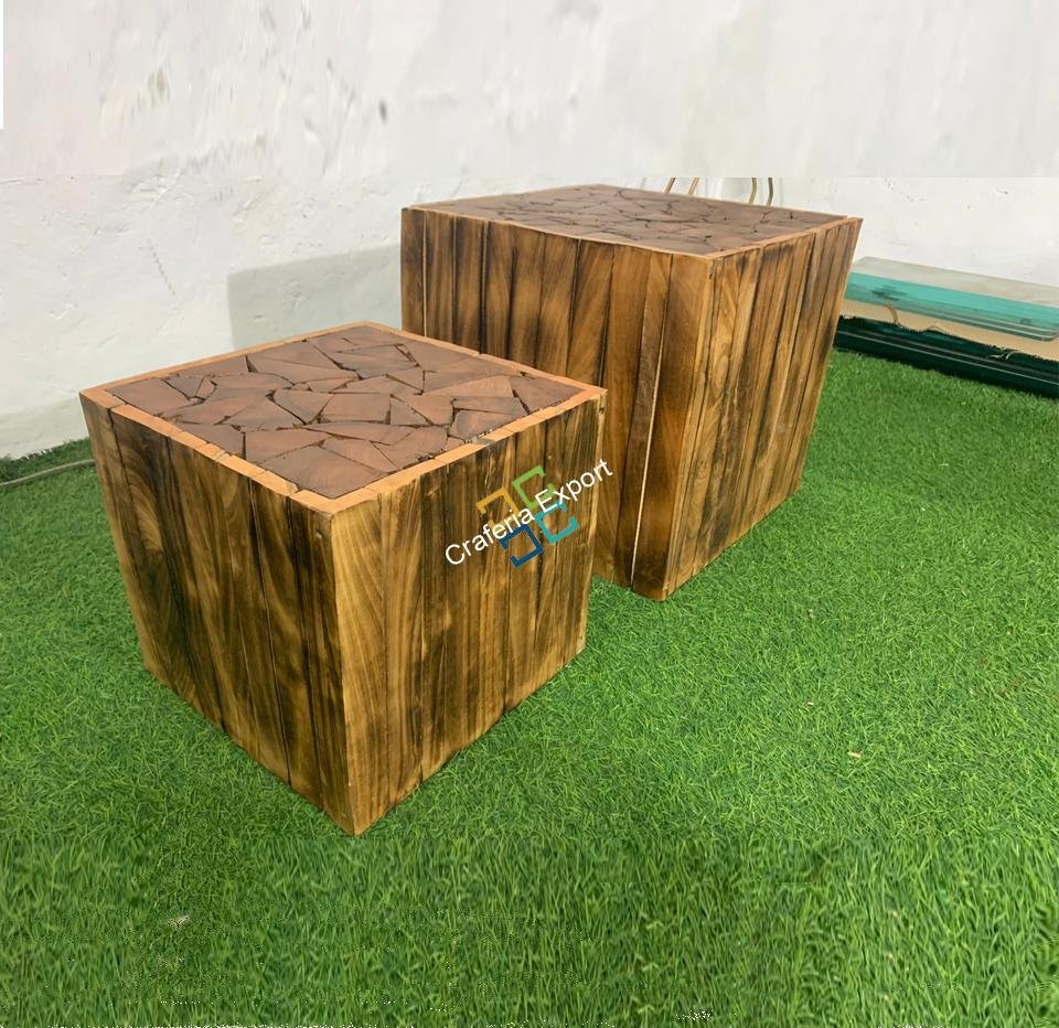 Square Wooden Handcrafted Stool Table Natural Wood Logs Smooth Finish Bedside Corner Coffee Tea-Table set of 2