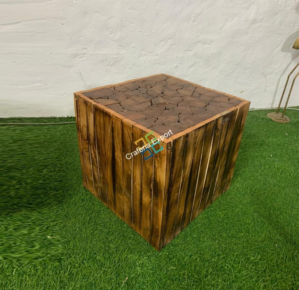 Square Wooden Handcrafted Stool Table Natural Wood Logs Smooth Finish Bedside Corner Coffee Tea-Table set of 2