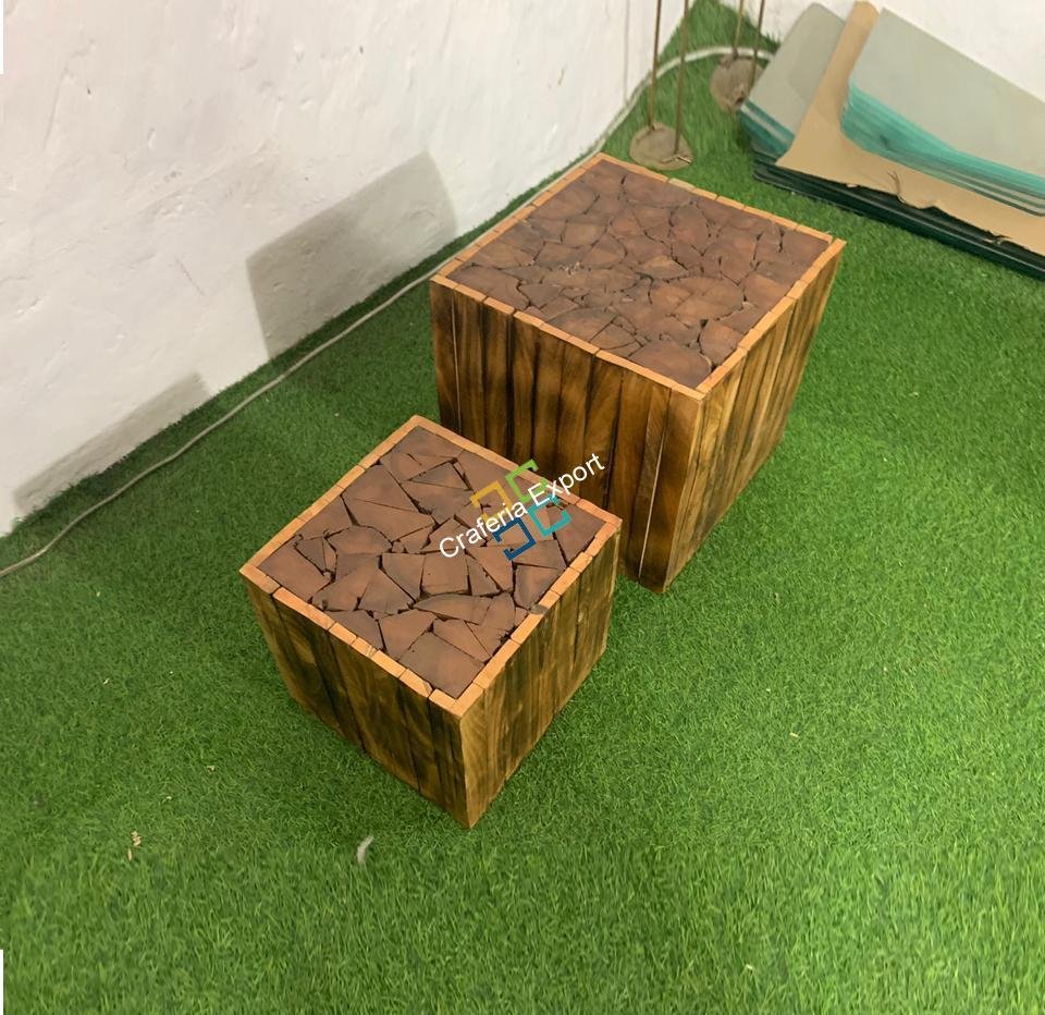 Square Wooden Handcrafted Stool Table Natural Wood Logs Smooth Finish Bedside Corner Coffee Tea-Table set of 2