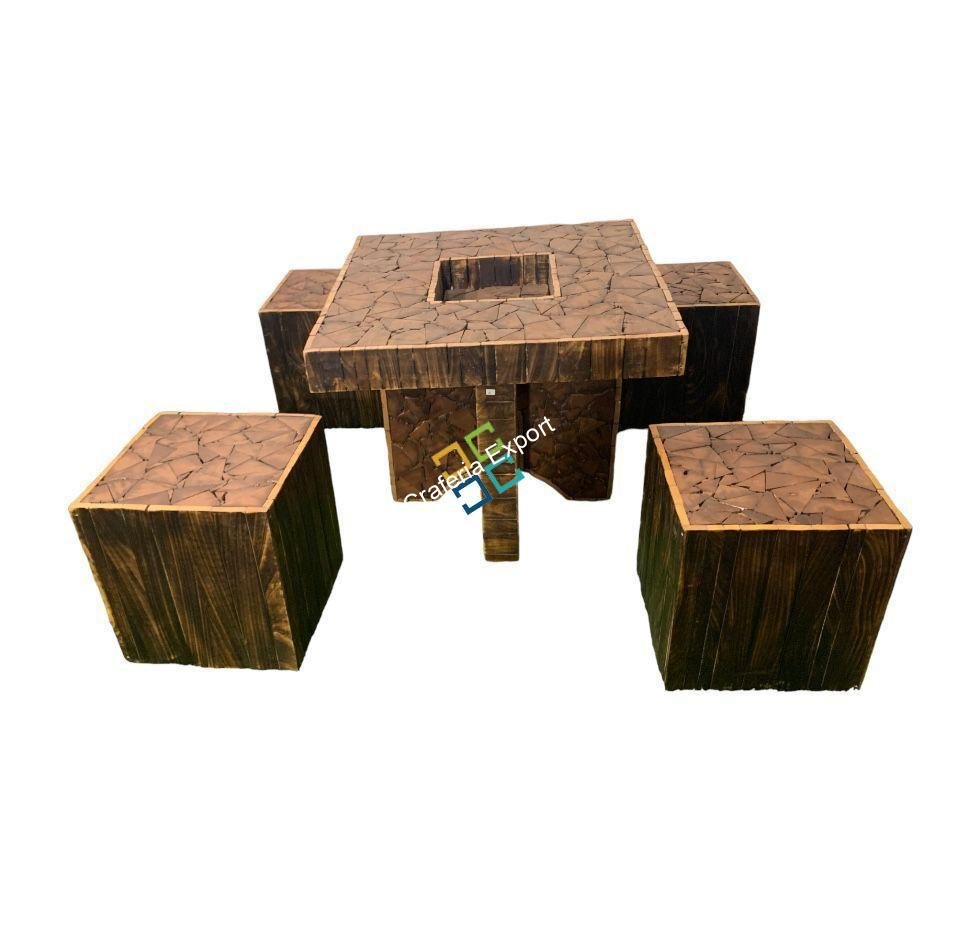 Wooden log square coffee table stools with center table for living room and garden set of 5