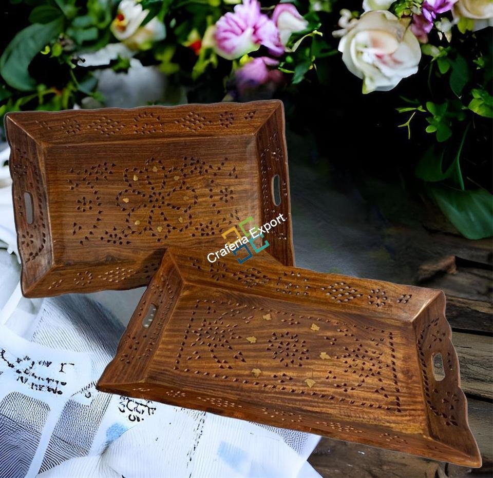 Wooden Serving Trays with Handles (Set of 2) Serving Platters for Party, Food and Tea | Decorative Kitchenware Trays for Coffee Table