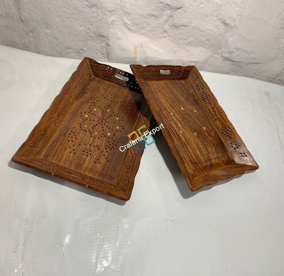 Wooden Serving Trays with Handles (Set of 2) Serving Platters for Party, Food and Tea | Decorative Kitchenware Trays for Coffee Table