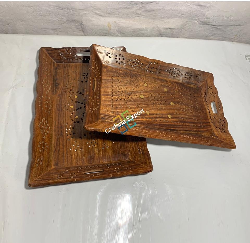 Wooden Serving Trays with Handles (Set of 2) Serving Platters for Party, Food and Tea | Decorative Kitchenware Trays for Coffee Table