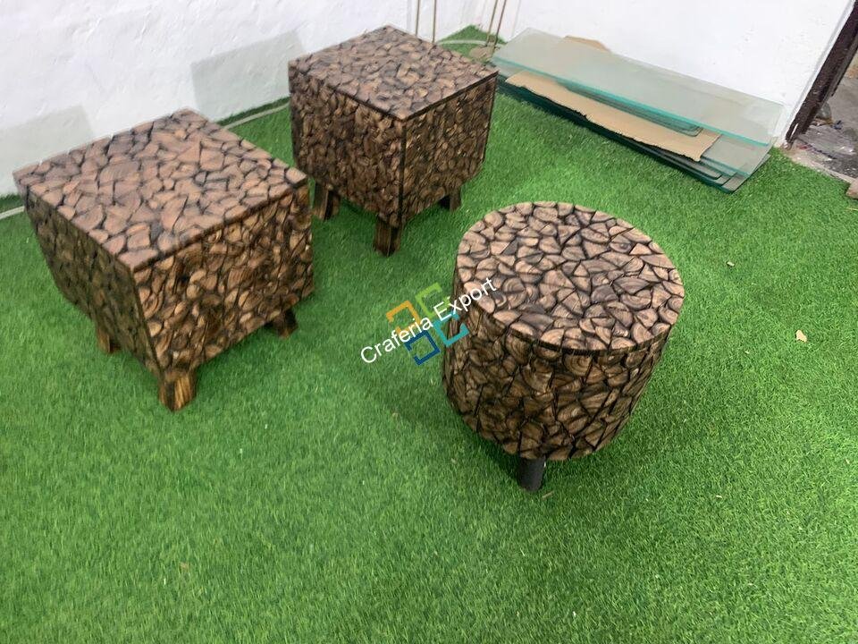 Solid Wooden log Coffee Table with 2 stools set of 3