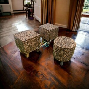 Solid Wooden log Coffee Table with 2 stools set of 3